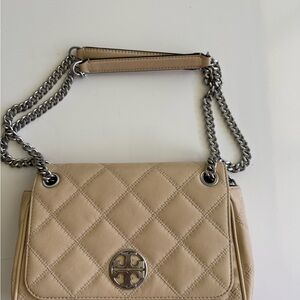 Tory Burch Tan Silver Quilted Shoulder Bag